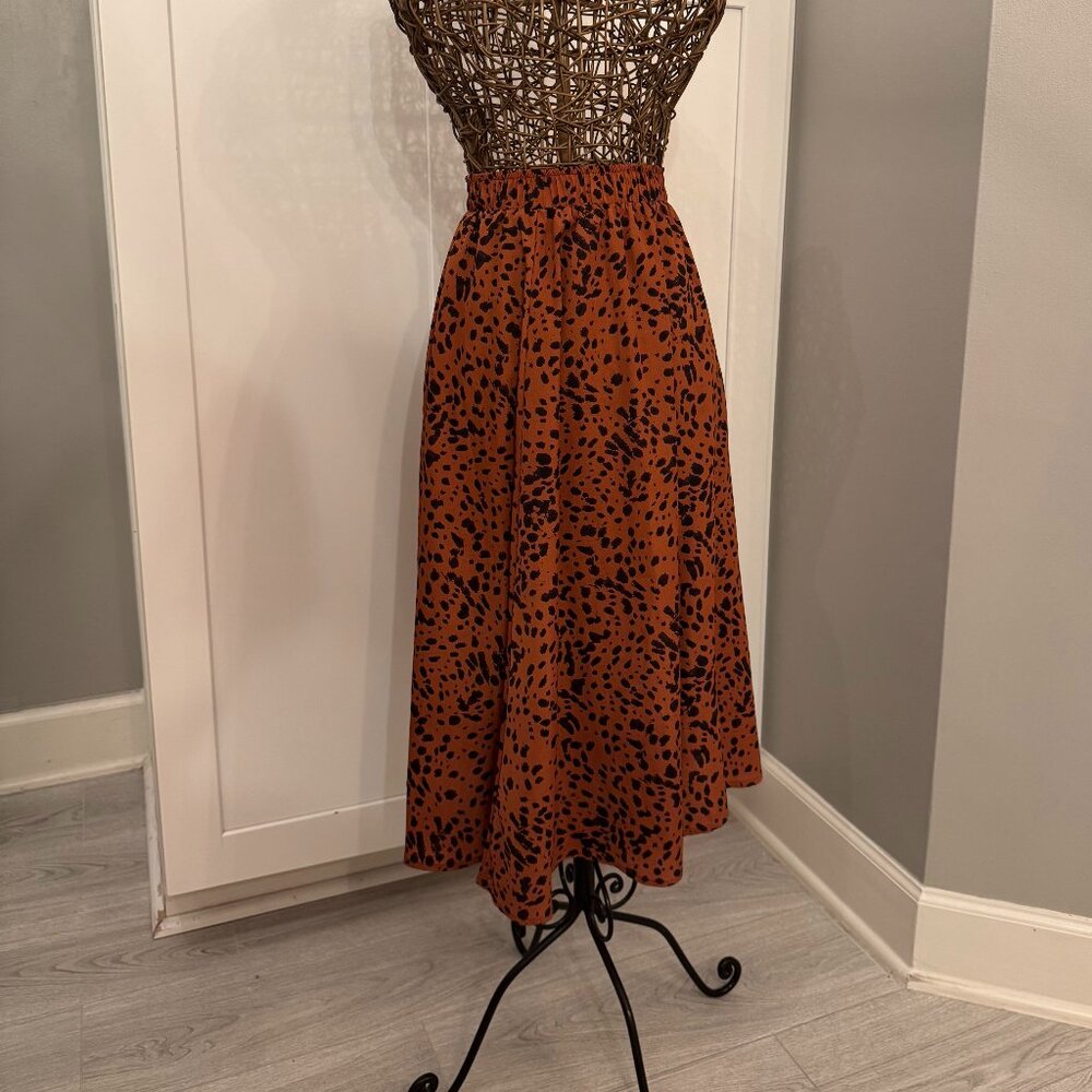 Dalmatian Spot A-Line Flowy Midi Skirt | Coffee Brown & Black | Size Large